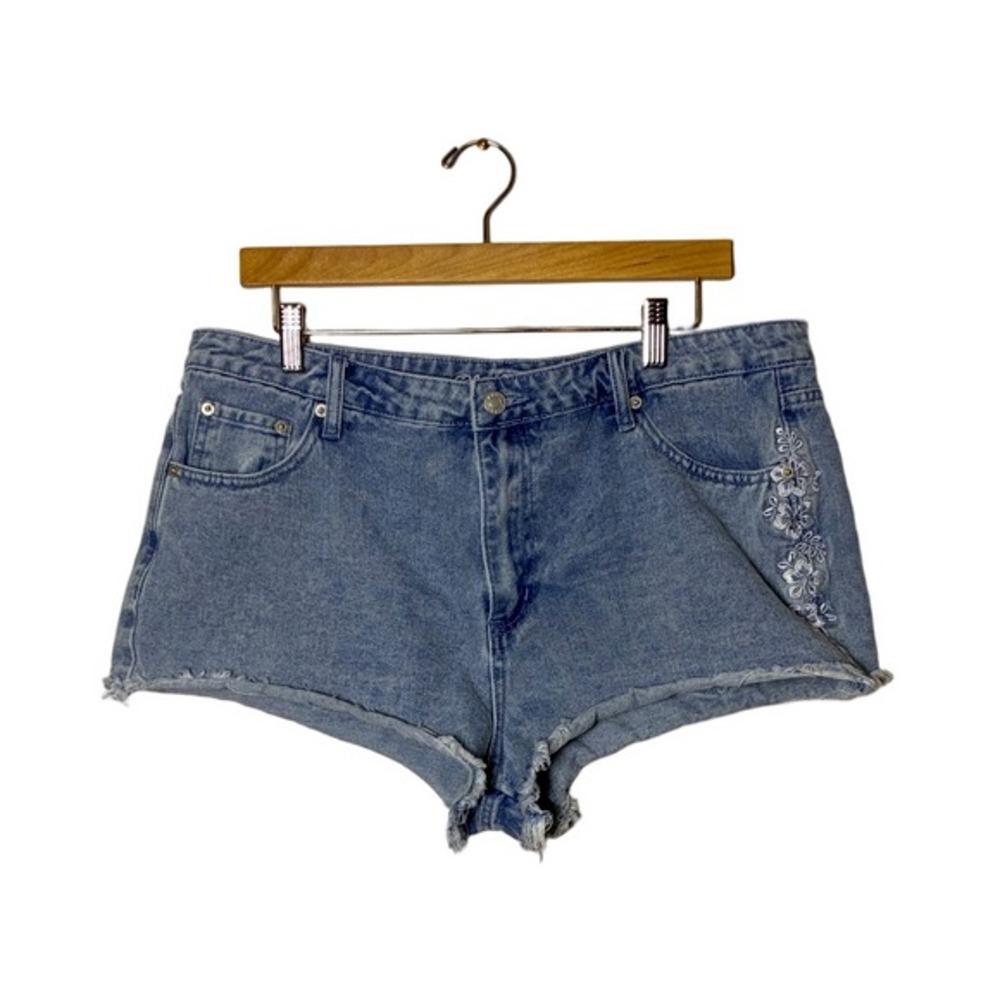 BLUE ASPHALT Women XL Hibiscus Embroidered Denim‎ Shorty Shorts Y2K Tropical